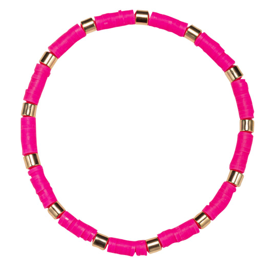 Hot Pink Rubber Beaded Stretch Bracelet with Gold Spacers