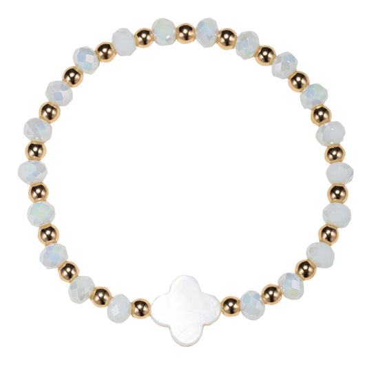 White Faceted Beaded Stretch Bracelet with White Clover