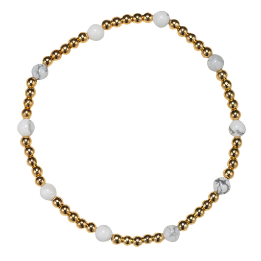 White Howlite, Gold Beaded Stretch Bracelet