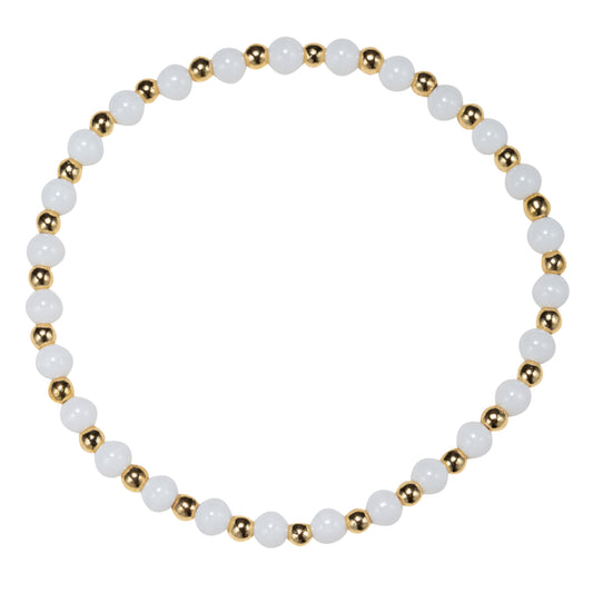 White Round Beaded Stretch Bracelet with Gold Beaded