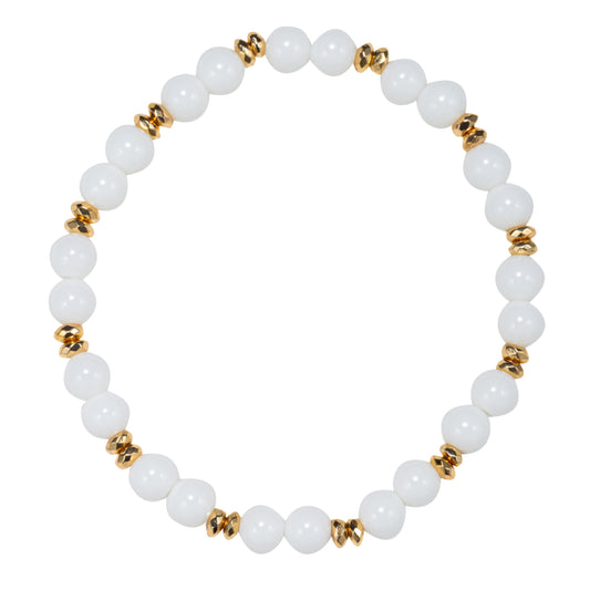 White Mid Sized Beaded Stretch Bracelet with Gold Spacers