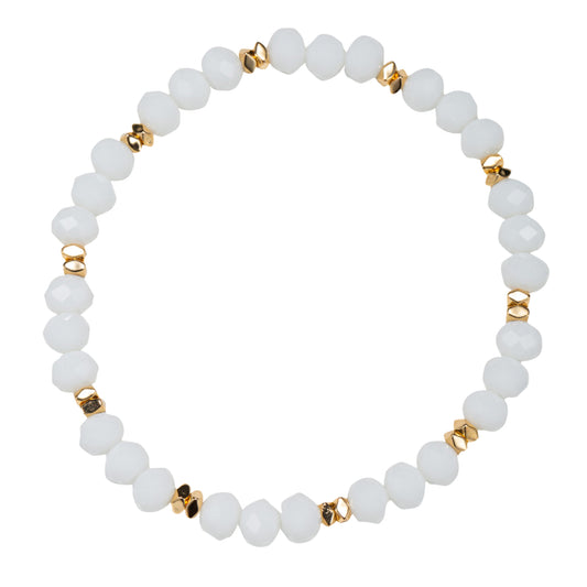 White Faceted Beaded Stretch Bracelet with Gold Spacers