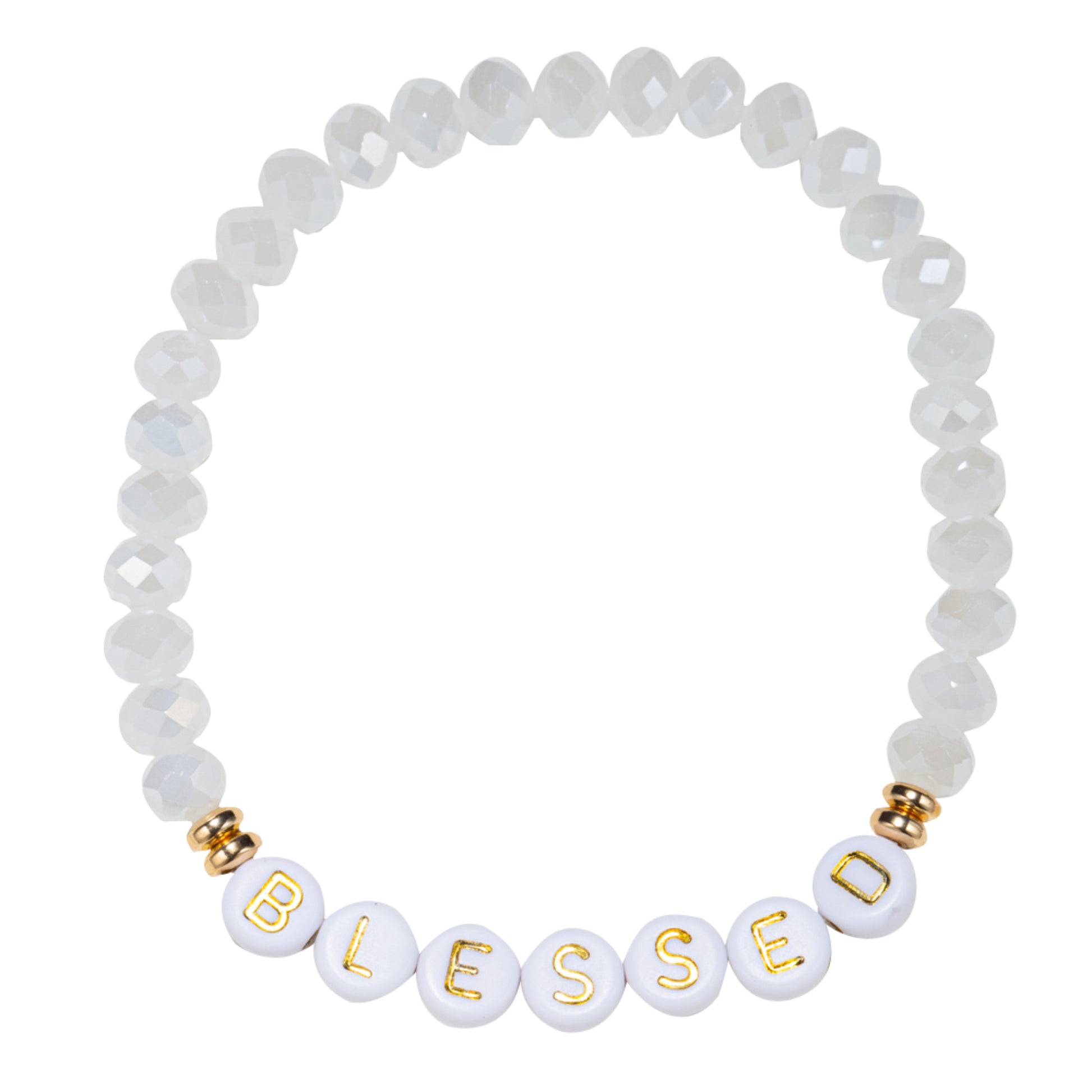 White Facted Beaded Stretch Bracelet with "Blessed"