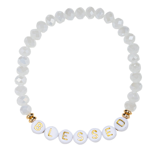 White Facted Beaded Stretch Bracelet with "Blessed"