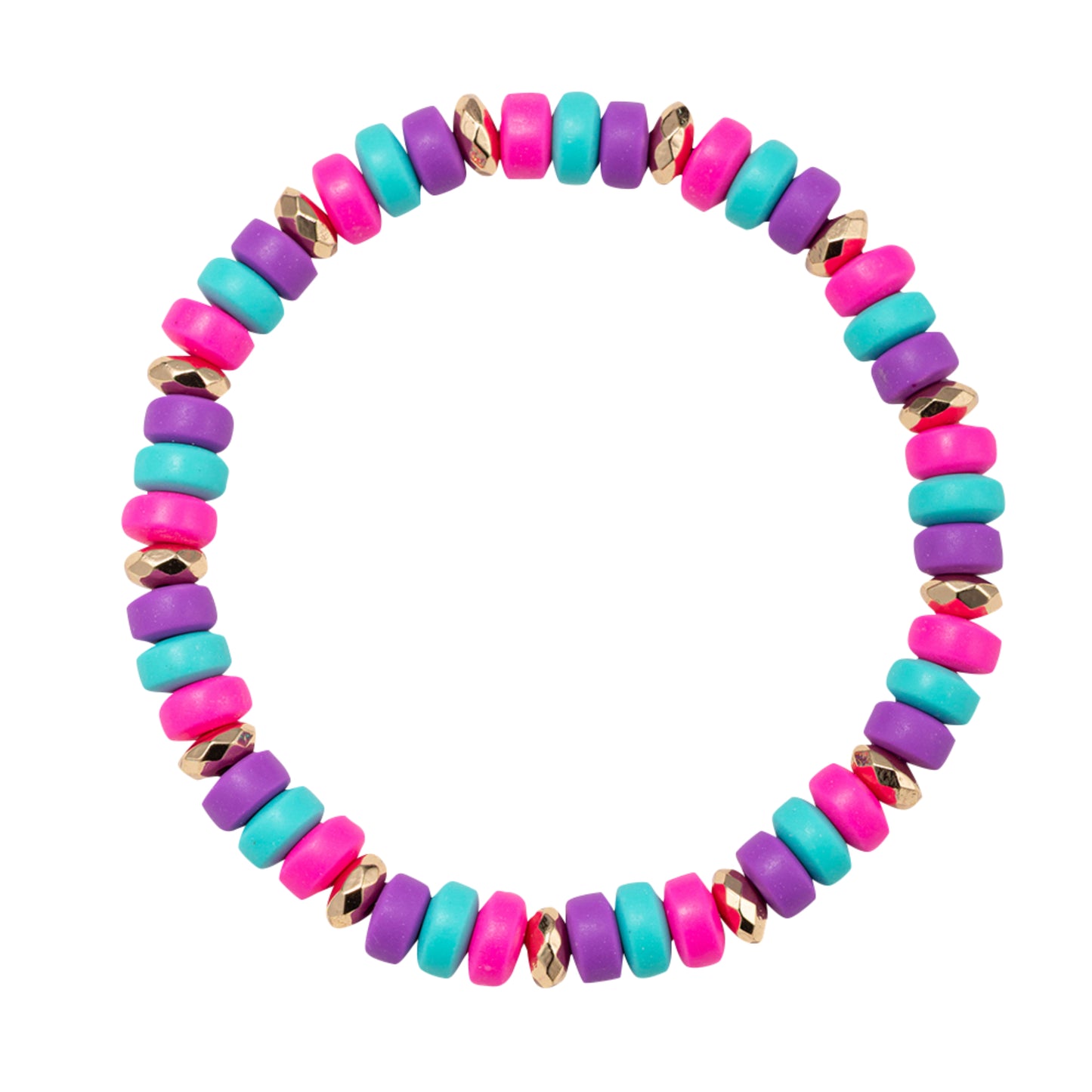 Purple, Tq, Pink Rondelle Beaded Stretch Bracelet with Gold Spacers