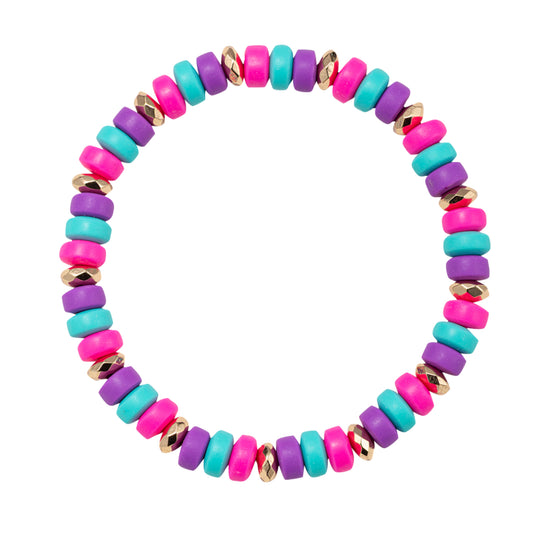 Purple, Tq, Pink Rondelle Beaded Stretch Bracelet with Gold Spacers