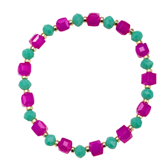 Pink , Teal Beaded Stretch Bracelet