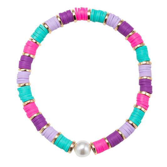 Purple, Lavender, Pink, TQ Rubber Beaded Stretch Bracelet with Single Pearl