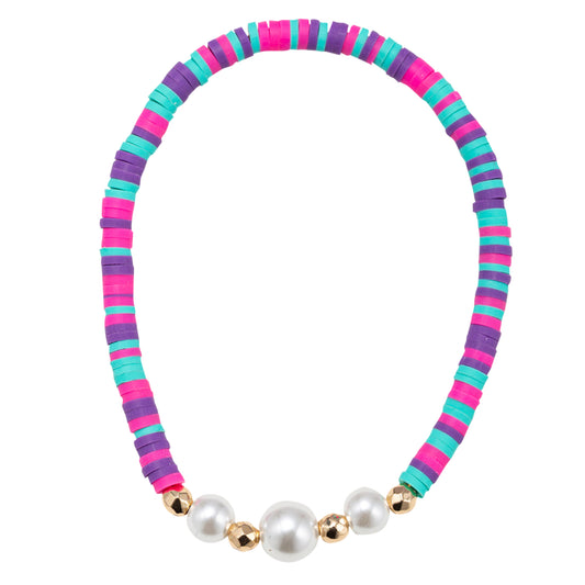 Purple, Tq, Pink Rubber Beaded Stretch Bracelet with Three Pearls