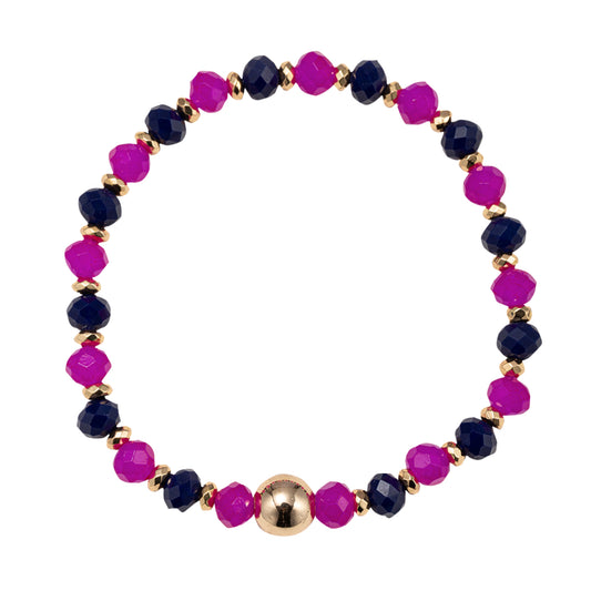 Navy, Pink Faceted Beaded Stretch Bracelet with Gold Spacers