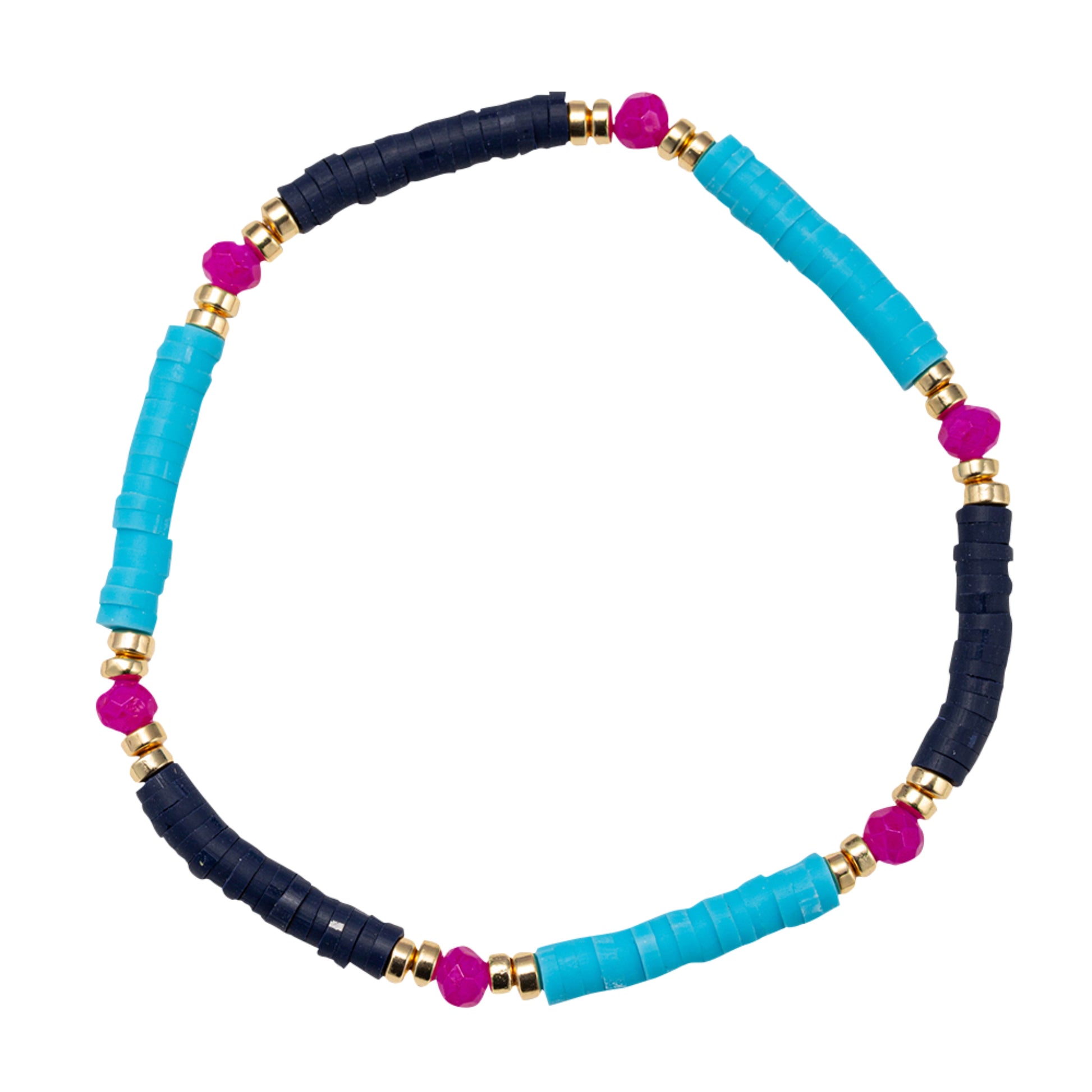 Navy, Blue, Pink Beaded Stretch Bracelet with Gold Spacers