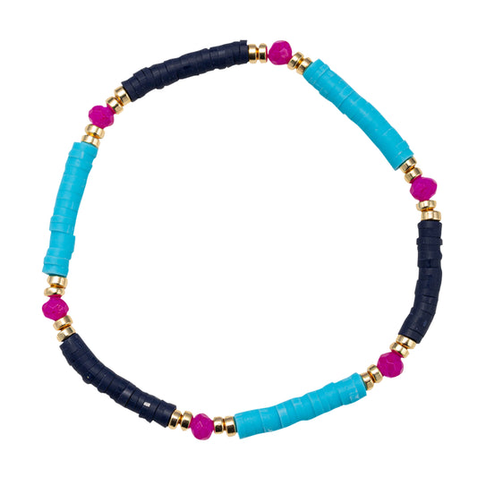 Navy, Blue, Pink Beaded Stretch Bracelet with Gold Spacers
