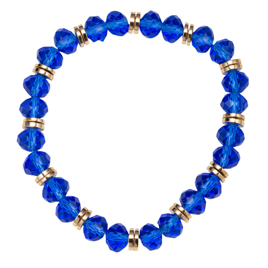 Blue Large Faceted Beaded Stretch Bracelet with Gold Spacers
