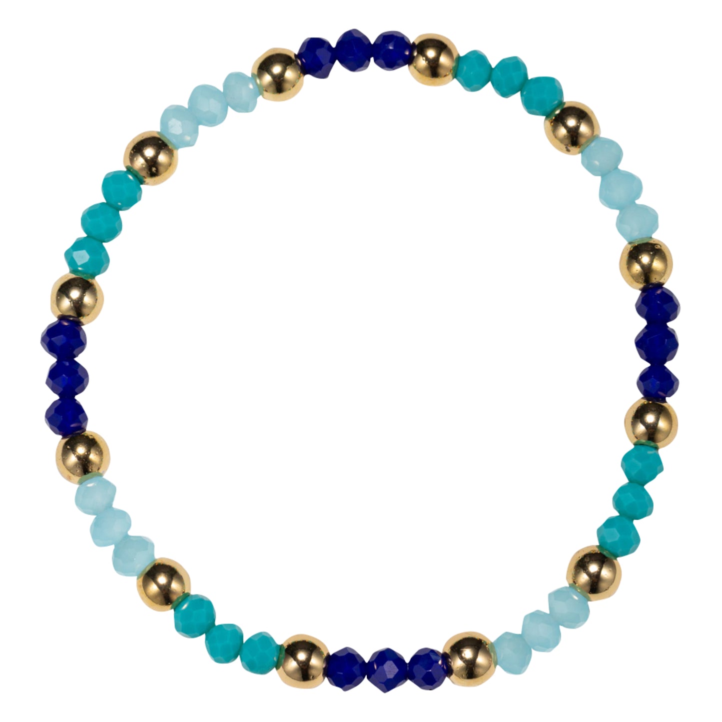 Blue, Tq, Light Blue Delicate Beaded Stretch Bracelet with Gold Balls