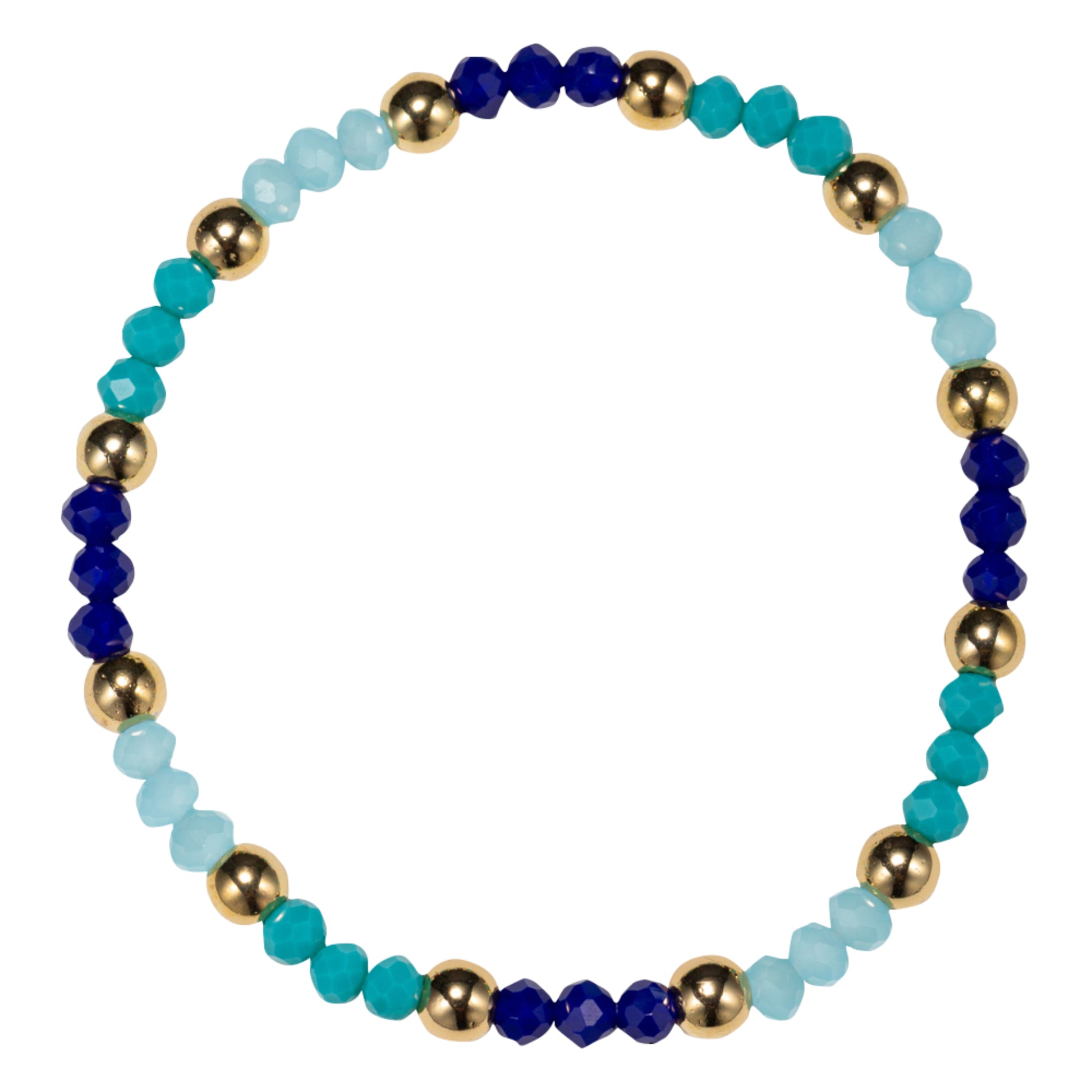 Blue, Tq, Light Blue Delicate Beaded Stretch Bracelet with Gold Balls