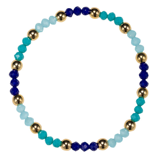 Blue, Tq, Light Blue Delicate Beaded Stretch Bracelet with Gold Balls