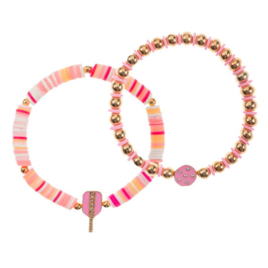 Set of 3 Beaded Stretch Bracelet with Pink Pickleball Paddle & Circle