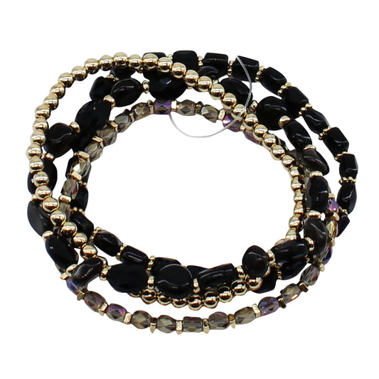 4 Strand Black, Gold, AB Grey Beaded Stretch Bracelet