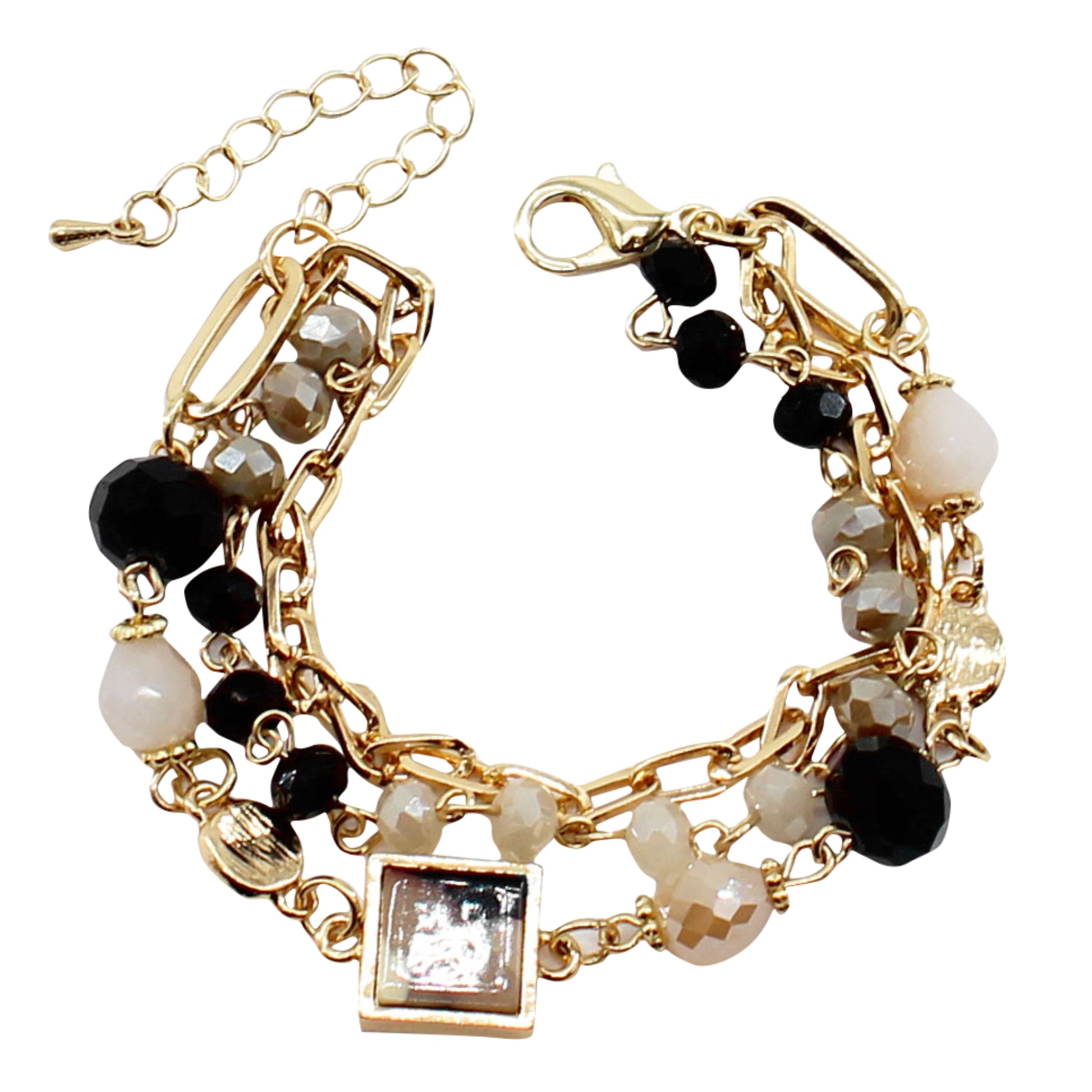 3 Strand Natural, Gold, Champagne Beaded Link Bracelet with Natural Square Resin