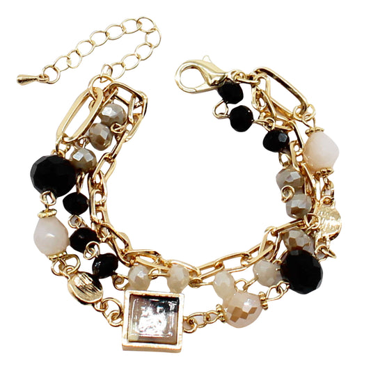3 Strand Natural, Gold, Champagne Beaded Link Bracelet with Natural Square Resin