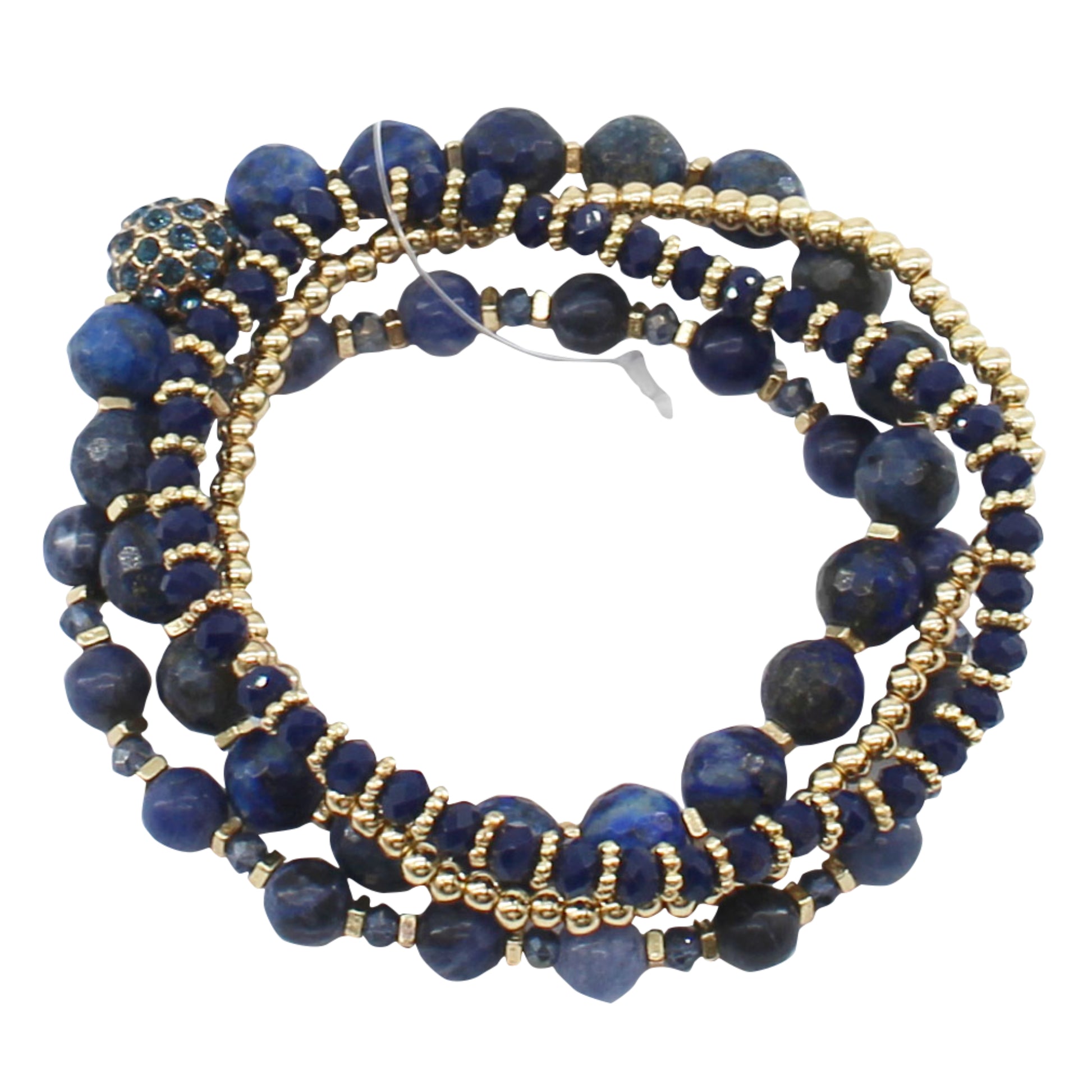 4 Strand Navy, Blue, Gold Beaded Stretch Bracelet with Blue Crystal Ball