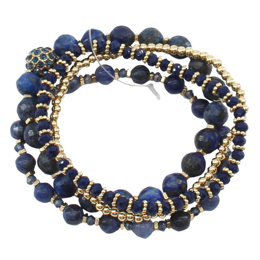 4 Strand Navy, Blue, Gold Beaded Stretch Bracelet with Blue Crystal Ball