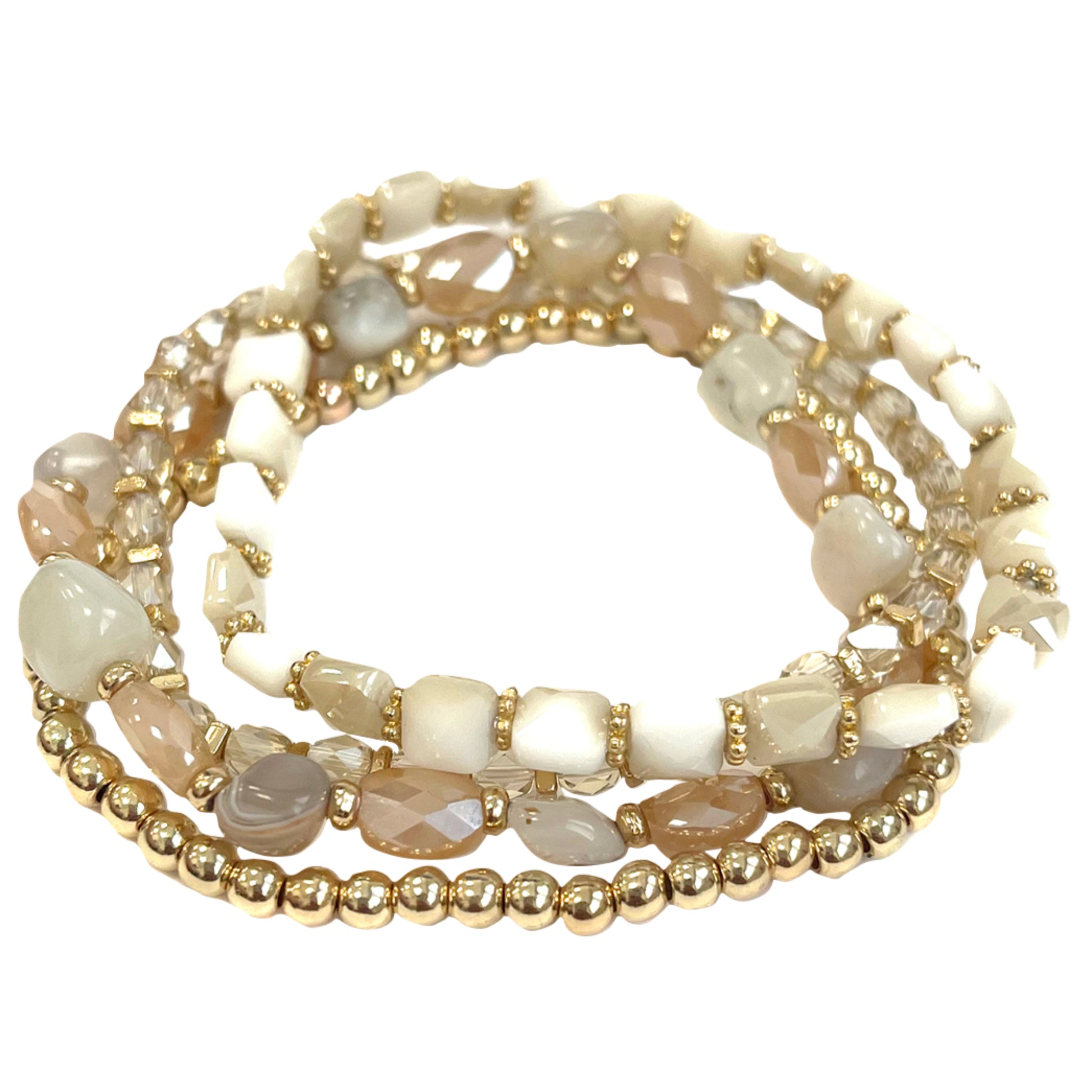 4 Strand Cream, Purple, Champagne, Gold Beaded Stretch Bracelet