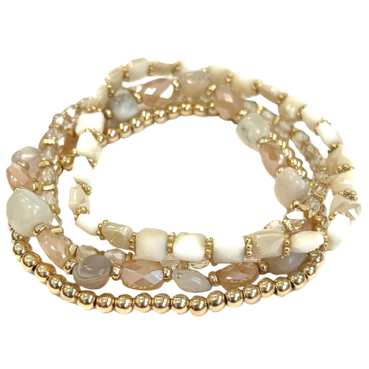 4 Strand Cream, Purple, Champagne, Gold Beaded Stretch Bracelet