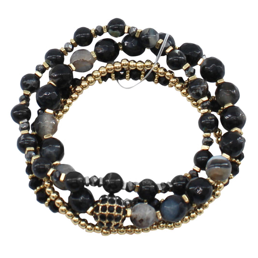 4 Strand Black, Grey, Gold Beaded Stretch Bracelet with Black Crystal Ball