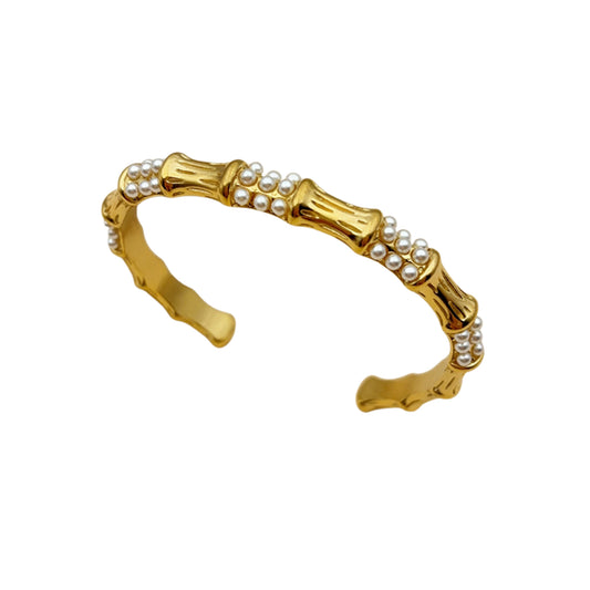 18K Gold Plated Bamboo Cuff Bracelet with White Pearl Accents