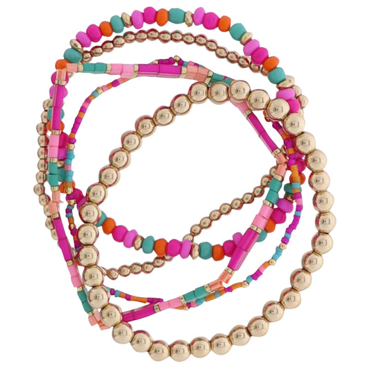 Set of 5 Gold, Pink, Orange, Teal Beaded Stretch Bracelet