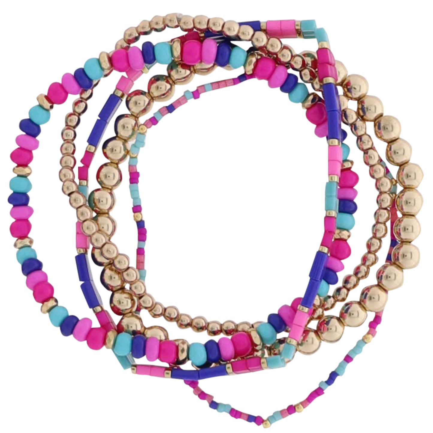 Set of 5 Royal, Pink, Tq, Gold Beaded Stretch Bracelet