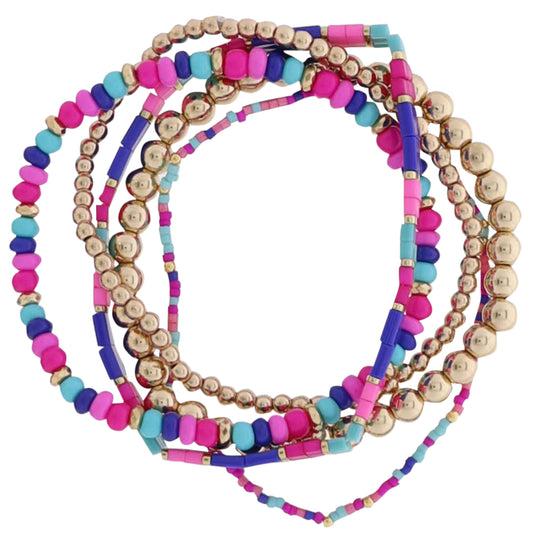 Set of 5 Royal, Pink, Tq, Gold Beaded Stretch Bracelet