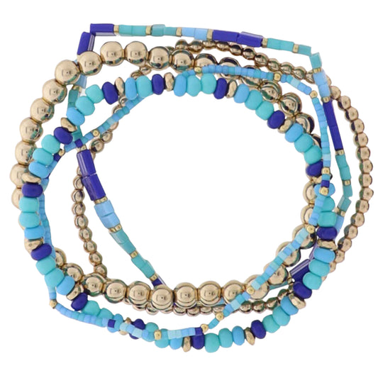 Set of 5 Royal, Tq, Blue, Gold Beaded Stretch Bracelet