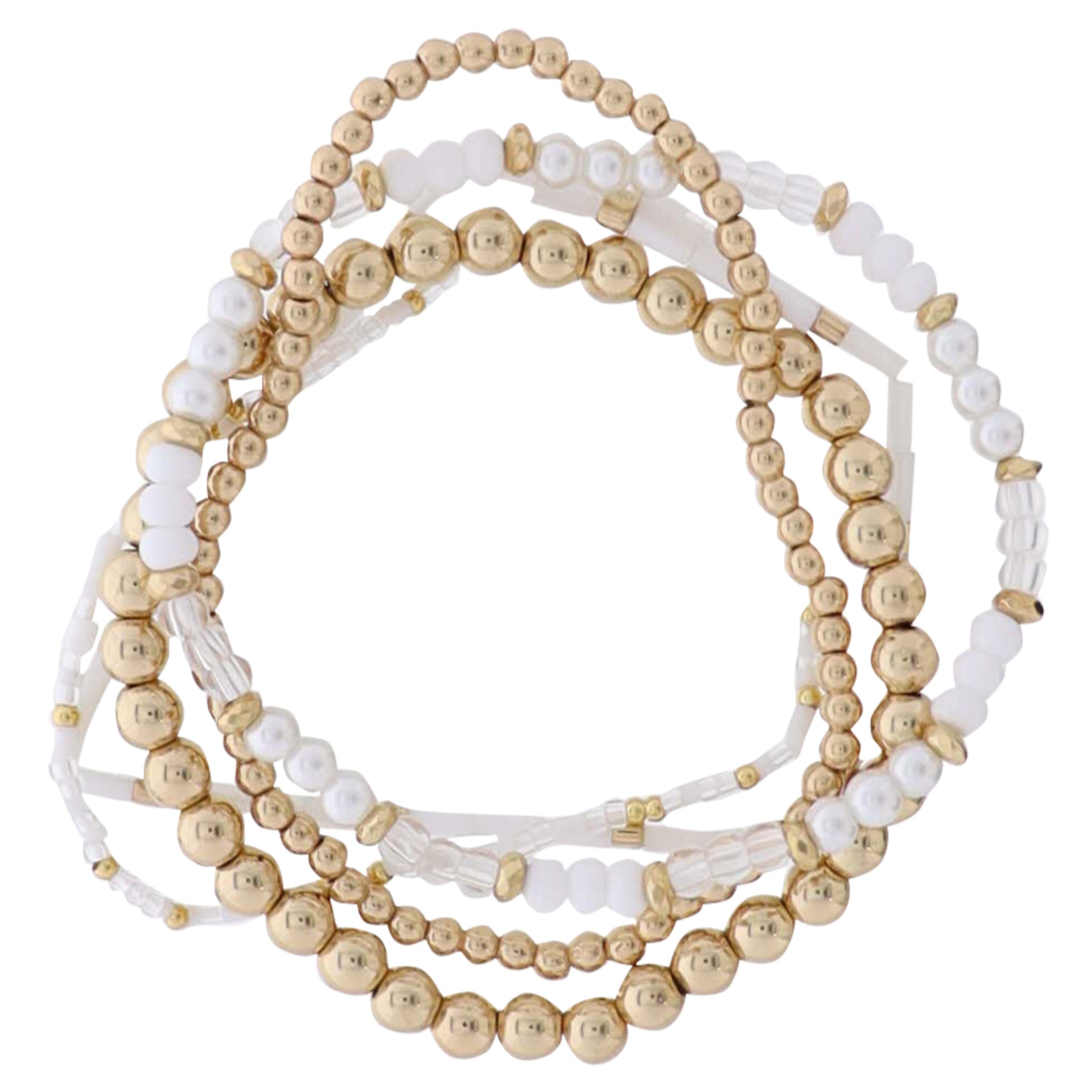 Set of 5 White, Clear, Gold, Pearl Beaded Stretch Bracelet