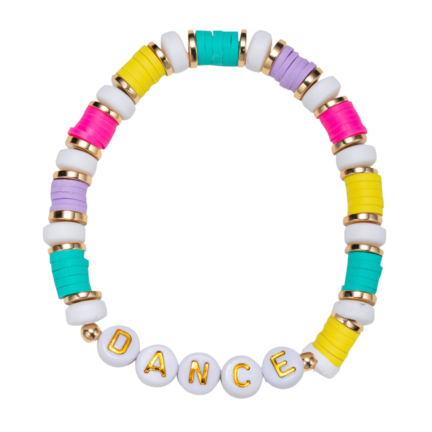 Kids White, Tq, Yellow, Pink Beaded Stretch Bracelet with "Dance"