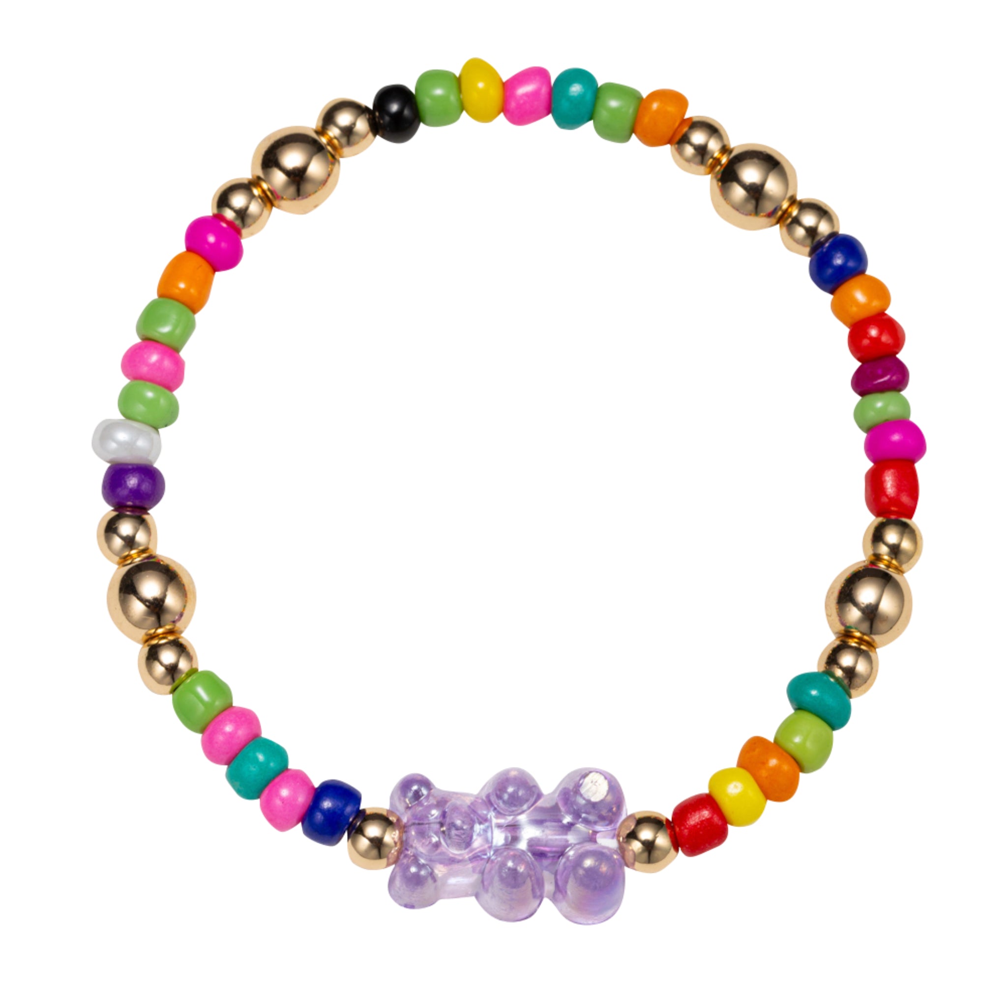Kids Multi, Gold Seed Bead Beaded Stretch Bracelet with Gummy Bear