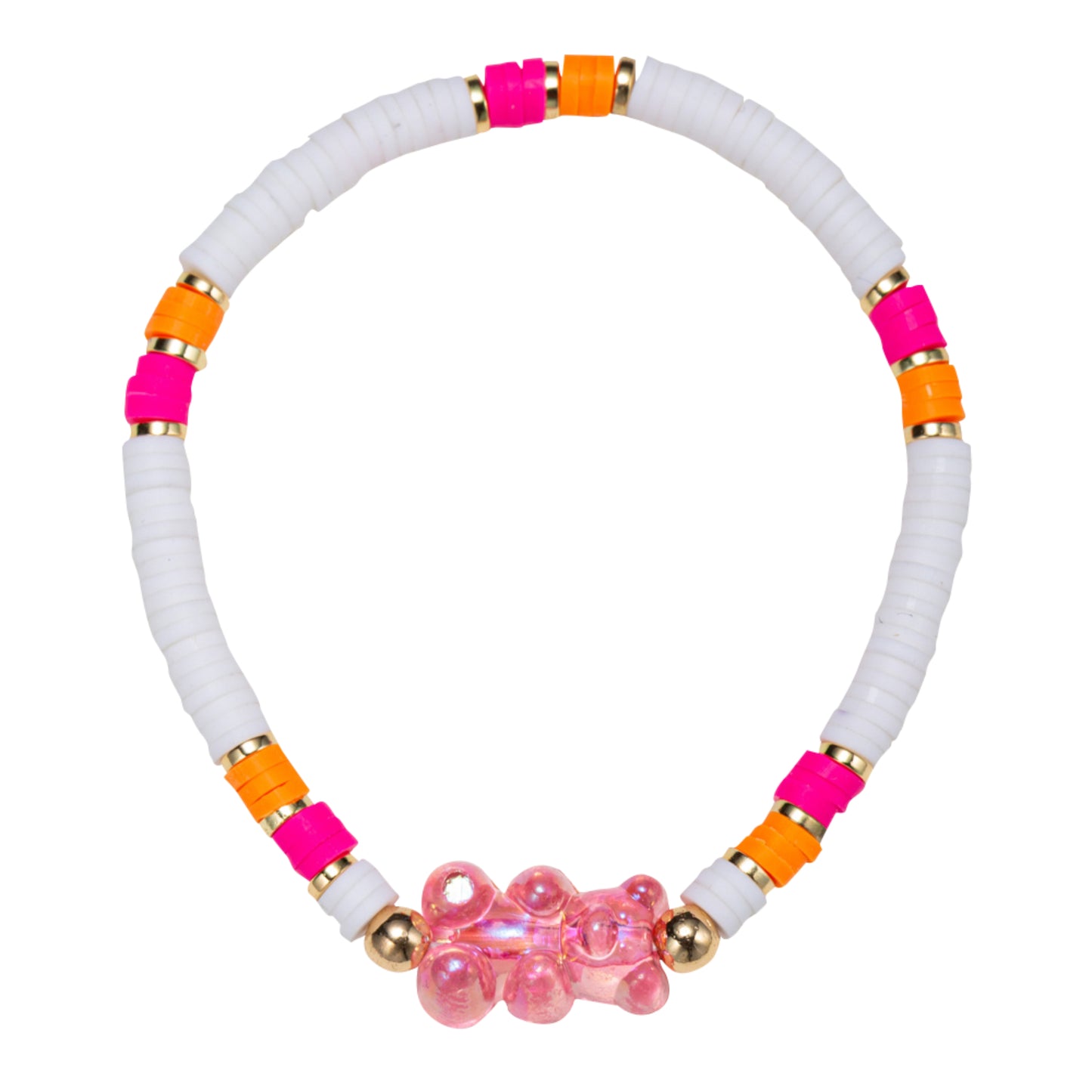 Kids White, Orange, Pink Rubber Disk Beaded Stretch Bracelet with Gummy Bear
