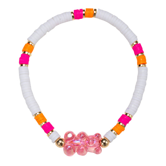 Kids White, Orange, Pink Rubber Disk Beaded Stretch Bracelet with Gummy Bear