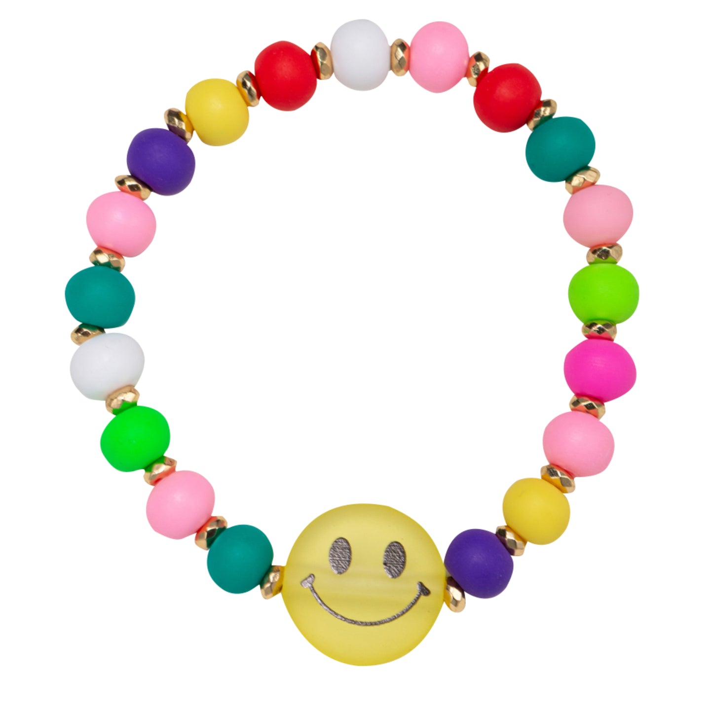 Kids Multi Rubber Ball Beaded Stretch Bracelet with Happy Face