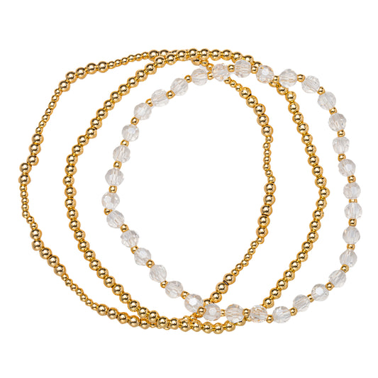 18K Gold Plated Set of 3, April Diamond Beaded Stretch Bracelet