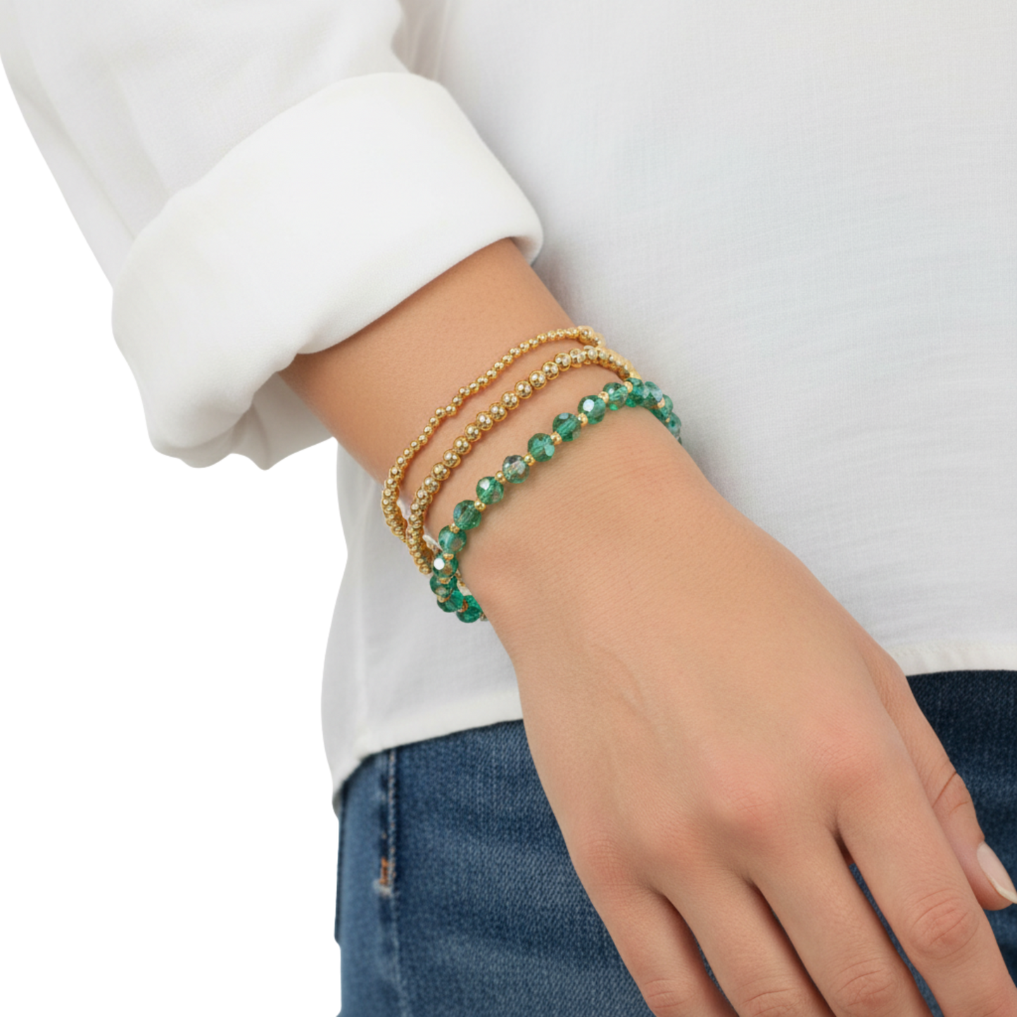 18K Gold Plated Set of 3, May Emerald Beaded Stretch Bracelet