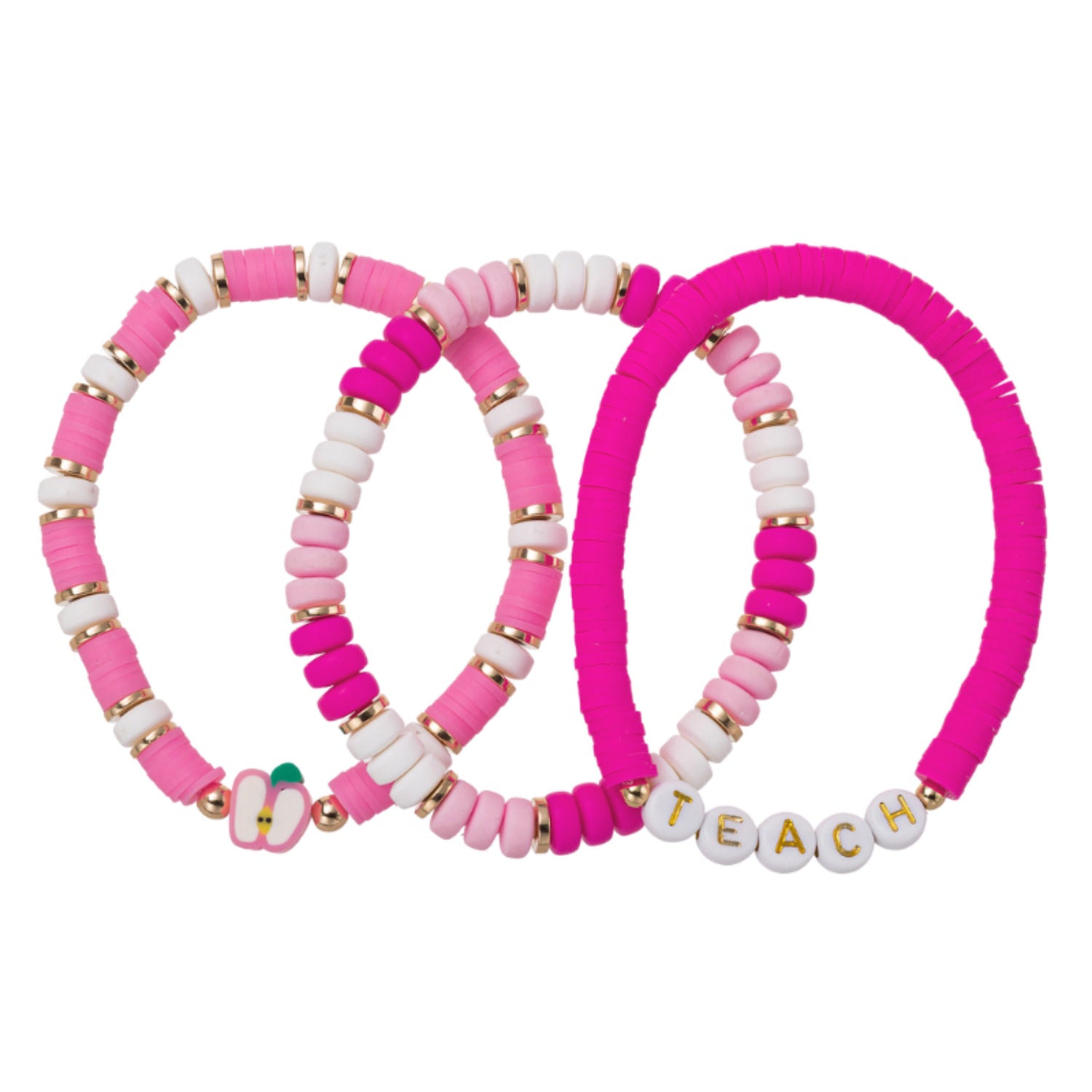 Set of 3, Pink, Light Pink, White Rubber Disk Beaded Stretch Bracelet with Apple & "Teach"