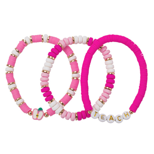Set of 3, Pink, Light Pink, White Rubber Disk Beaded Stretch Bracelet with Apple & "Teach"