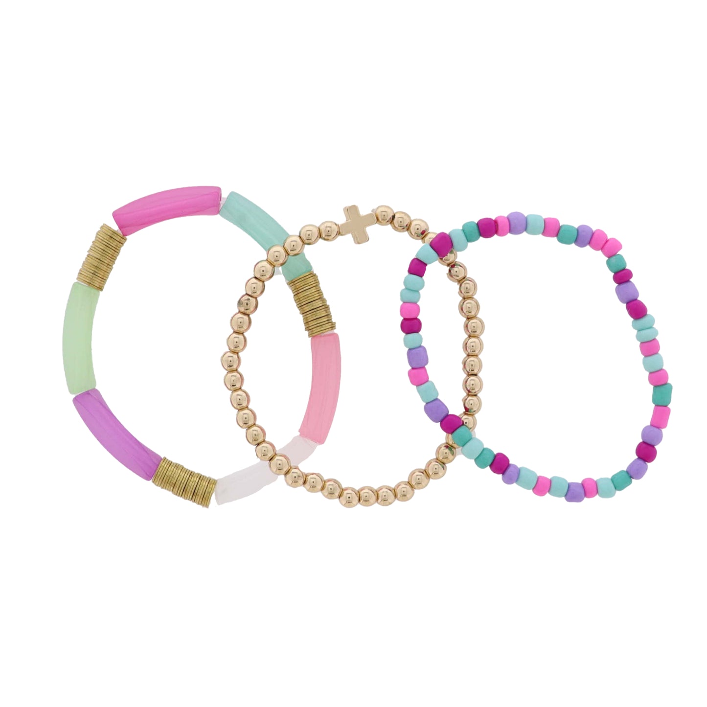Kids Set of 3 Mint, Tq, Purple, Pink Seed Bead, Acrylic Beaded Bracelet