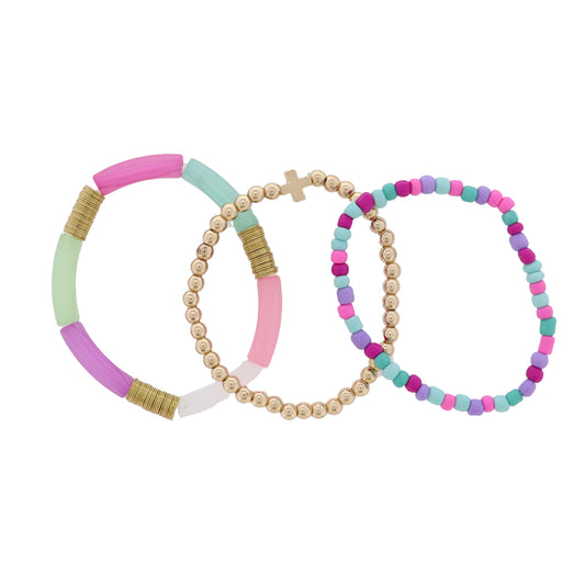 Kids Set of 3 Mint, Tq, Purple, Pink Seed Bead, Acrylic Beaded Bracelet