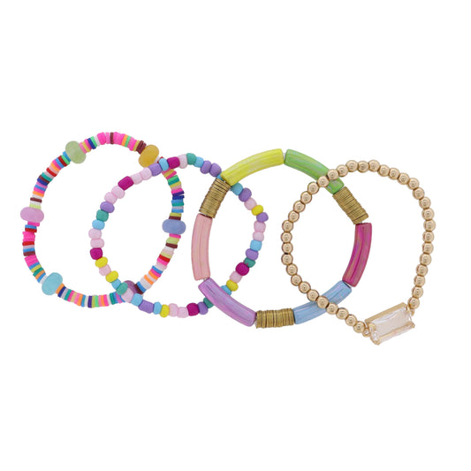 Kids Set of 4 Rainbow Seed Bead, Rubber Disk, Semi Precious Beaded Bracelet with Rectangle Crystal