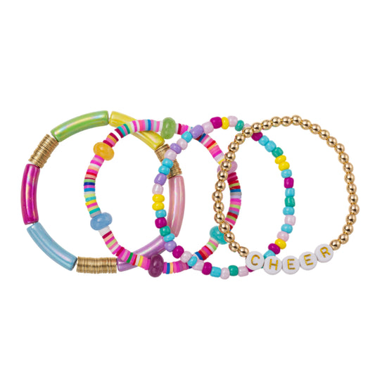 Kids Set of 4 Multi, Rainbow Seed Bead, Rubber Disk, Semi Precious Beaded Bracelet with "Cheer"