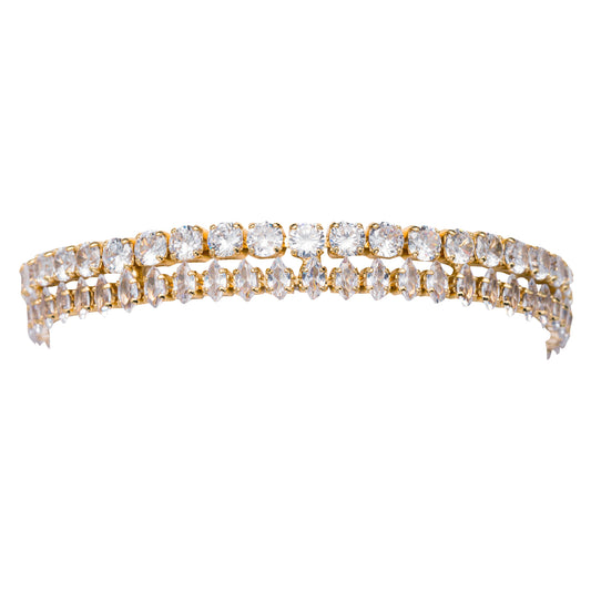 Gold Crystal Two Row, Square & Diamond Bracelet