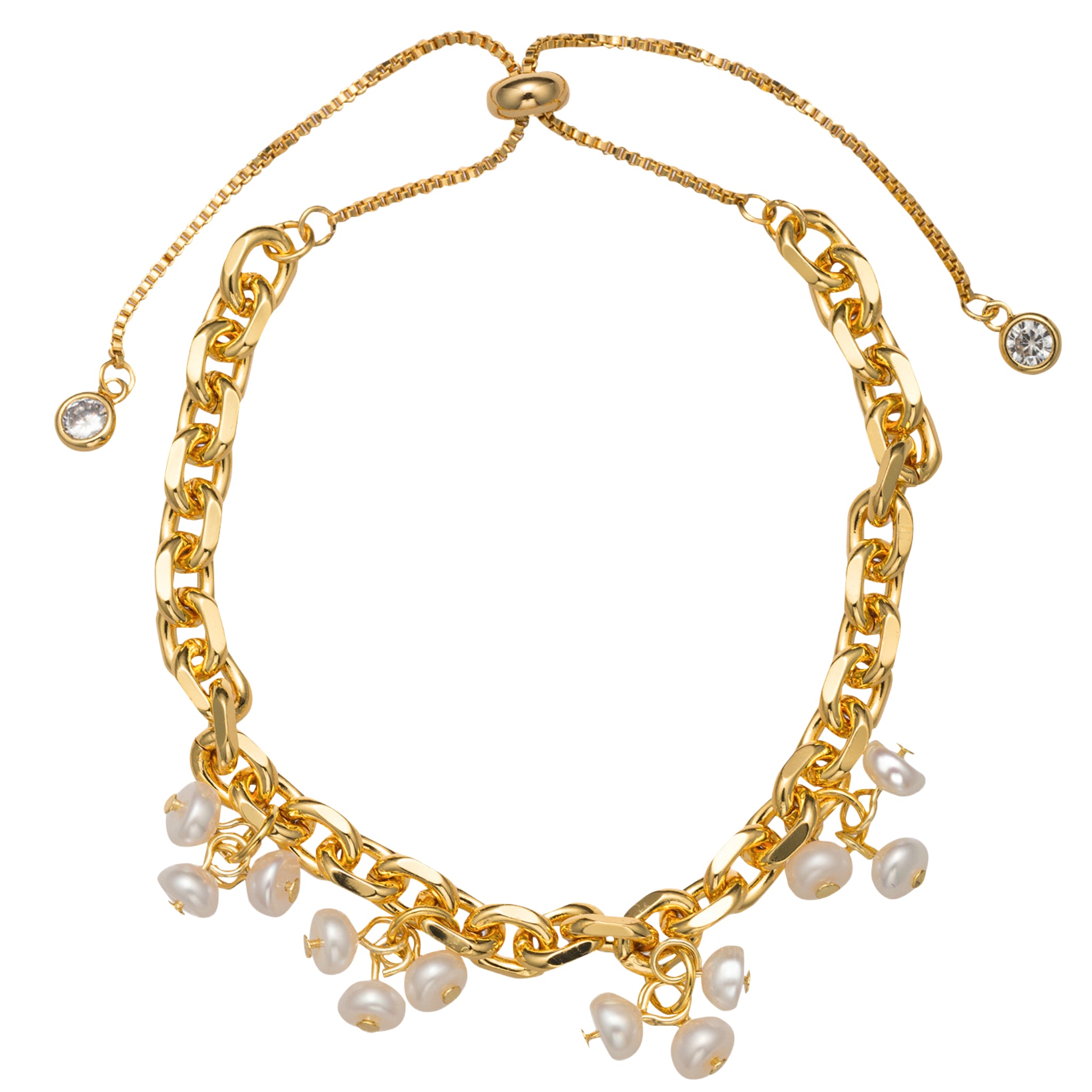 Gold Chain Bracelet with White Pearl Dangles